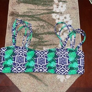 Kovey Green Leaf and Blue Design Halter Bikini Top sz XS EUC